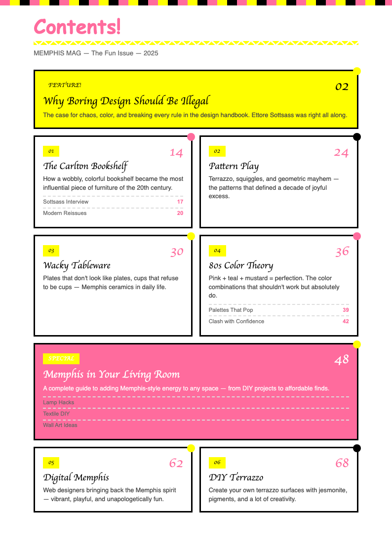 Memphis Design Revival Table Of Contents With Content